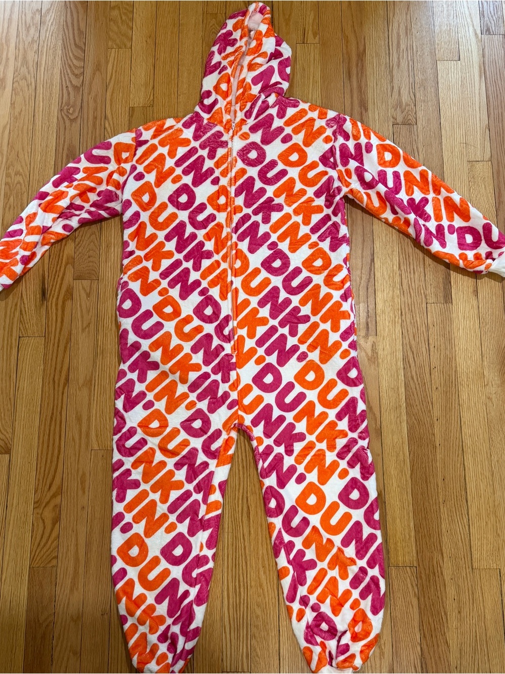 Dunkin® Adult Hooded One-Piece Fleece Pajamas in Pink & Orange